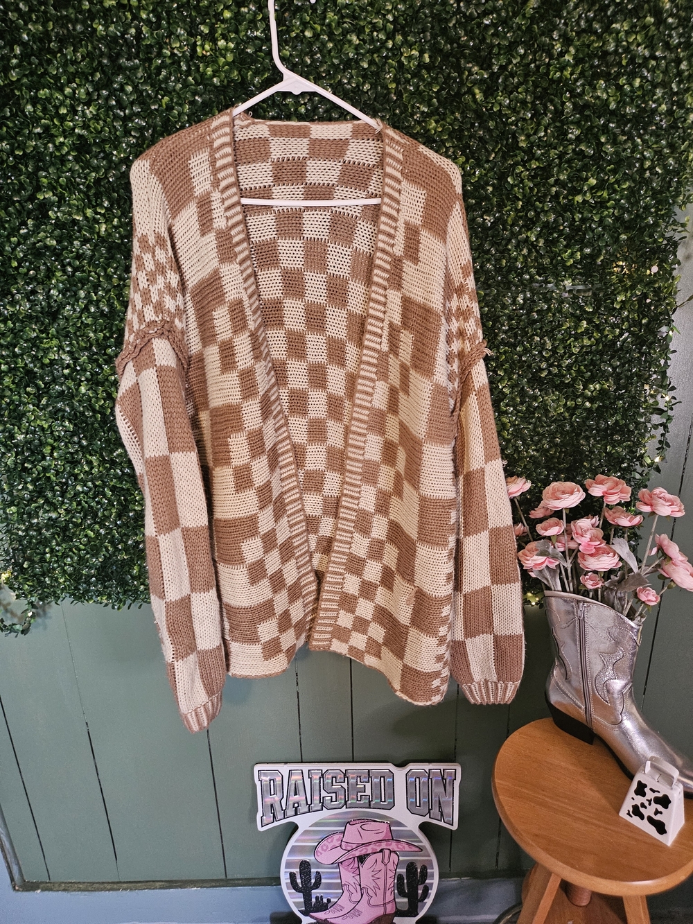Checkerboard Open-Front Cardigan in Cream & Brown